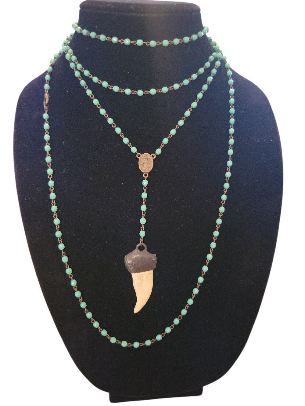 Aqua Blue Beaded Necklace Set With Tooth Pendant